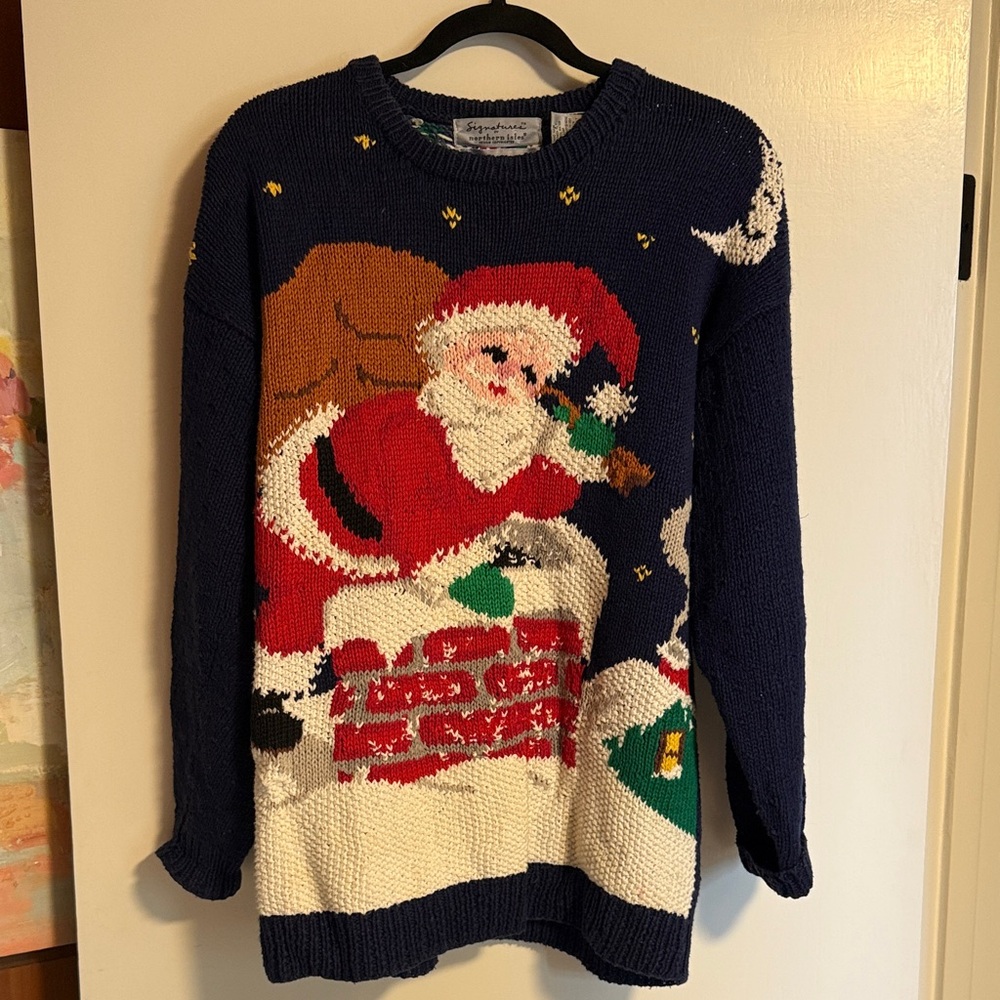 Vintage Holiday Hand Knit Santa Sweater - Navy